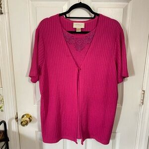 Capistrano Essentials 18/20W Fuchsia Pink Ribbed Sweater Knit Cardigan 2FER Top